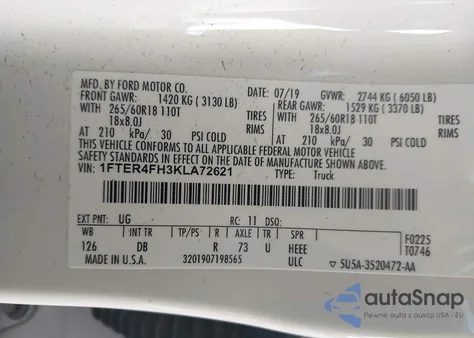 2019 Ford Ranger Lariat from USA, damaged, VIN 1FTER4FH3KLA72621